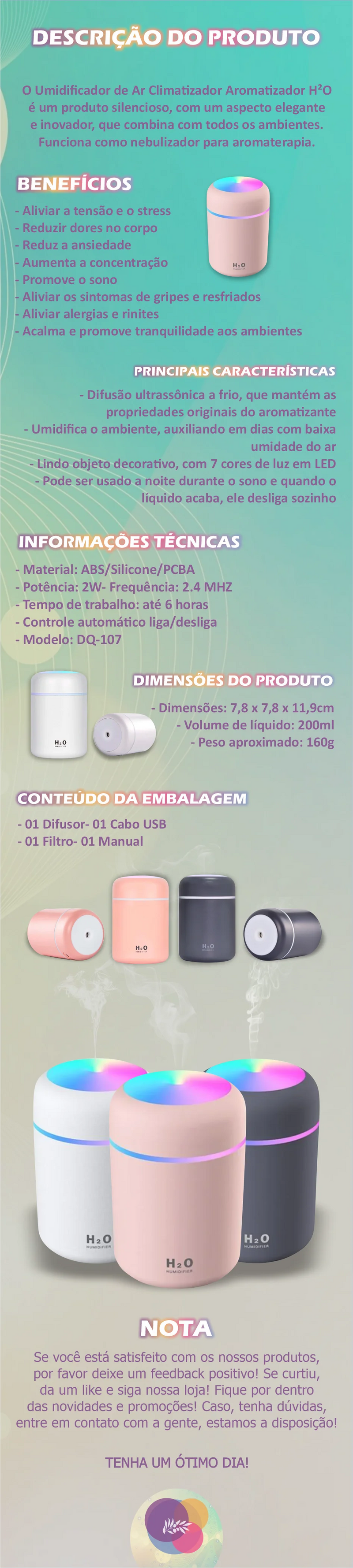 AromaFresh: Umidificador Ultrassônico com LED Colorido para Aromaterapia