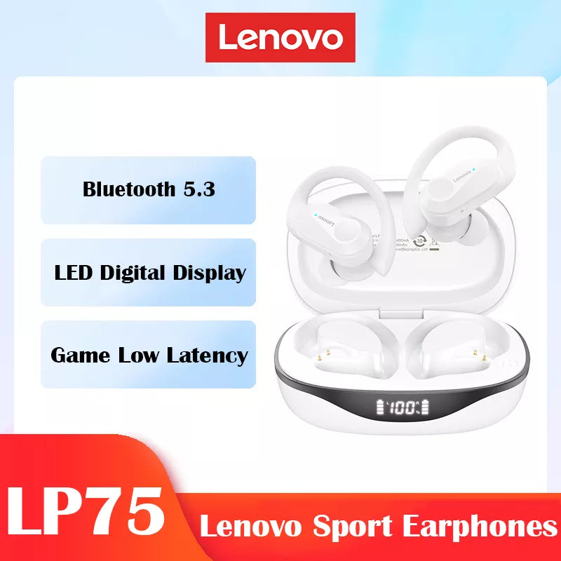 Lenovo-LP75 TWS Fones de Ouvido Esportivos Bluetooth 5.3, Fones de Ouvido Sem Fi