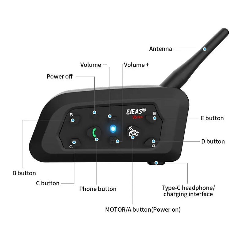 EJEAS V6 PRO Bluetooth Motocicleta Capacete Interfone Headset 6 Cavaleiros 1200m