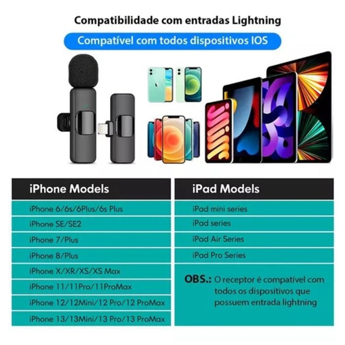 Microfone Lapela Sem Fio para iPhone Lightning  - Liberdade e Qualidade de Áudio Excepcional!