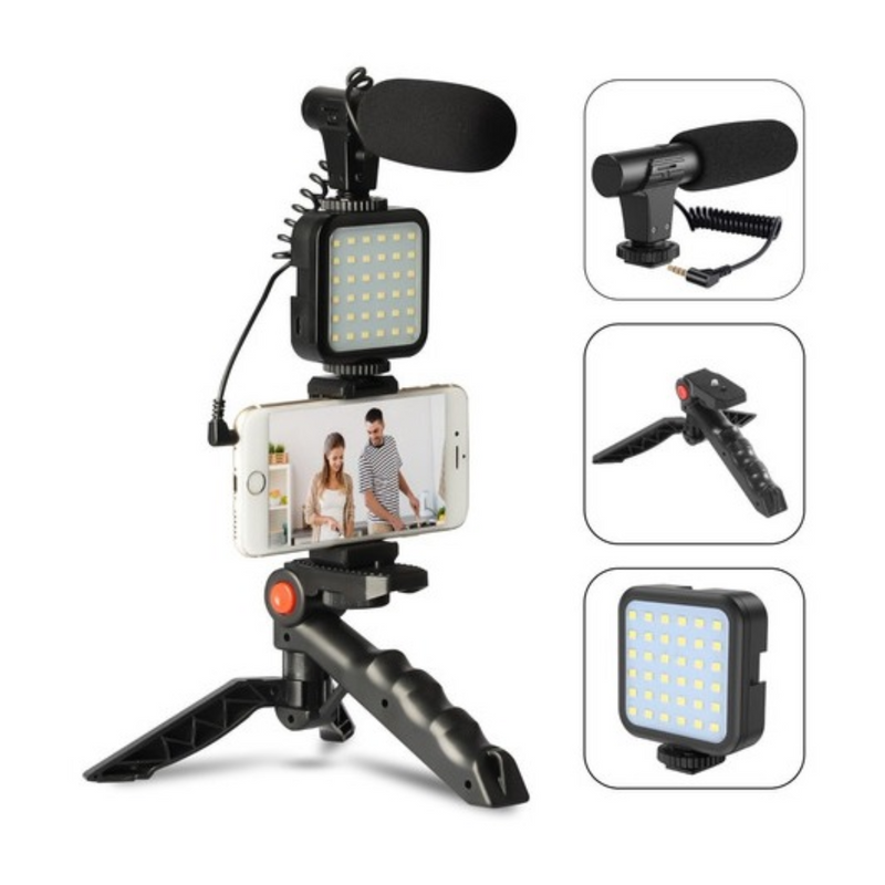 Kit Gravação Tripe 5 Em 1 Microfone Led